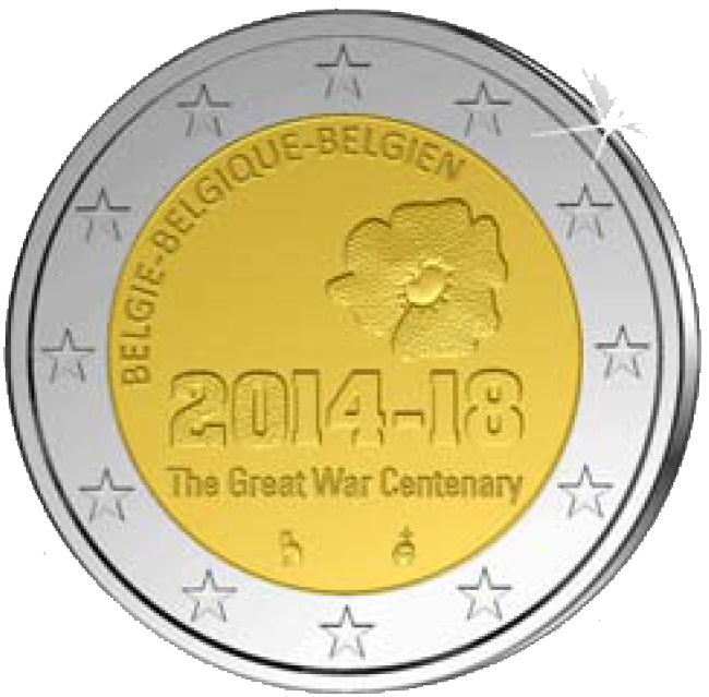 2 Euromünze aus Belgien mit dem Motiv 100. Jahrestag des Beginns des Ersten Weltkriegs