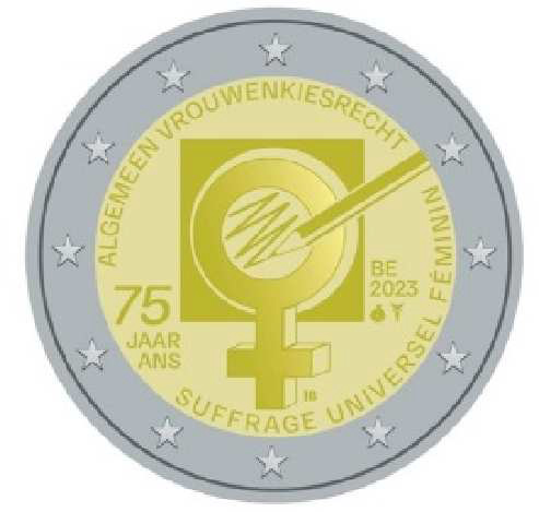 2 Euro Sondermünze aus Belgien aus 2023 mit dem Motiv 75 Jahre Frauenwahlrecht in Belgien