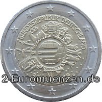 2 Euromünze aus Deutschland mit dem Motiv 10 Jahre Euro Bargeld