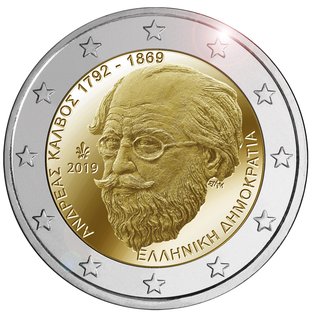 2 Euro Sondermünze aus Griechenland uit 2019 mit dem Motiv 150. Todestag von Andreas Kalvos