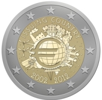 2 Euromünze aus Irland mit dem Motiv 10 Jahre Euro Bargeld