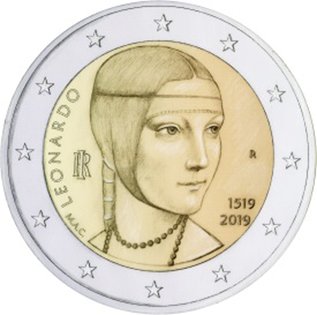 2 Euro Sondermünze aus Italien uit 2019 mit dem Motiv 500. Todestag von Leonardo da Vinci