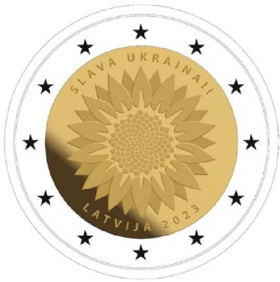 2 Euro Sondermünze aus Lettland aus 2023 mit dem Motiv Ukrainische Sonnenblume