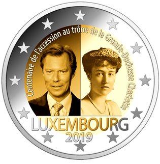 2 Euro Sondermünze aus Luxemburg aus 2019 mit dem Motiv 100. Jahrestag der Thronbesteigung Großherzogin Charlottes