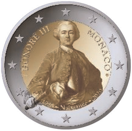 2 Euro Sondermünze aus Monaco aus 2020 mit dem Motiv 300. Geburtstag von Prince Honoré III