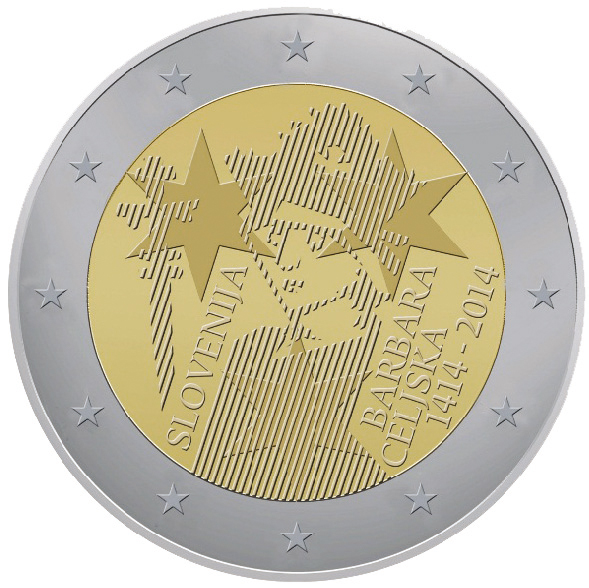 2 Euromünze aus Slowenien mit dem Motiv 600. Jahrestag der Krönung von Barbara Celjska