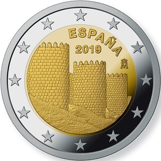 2 Euro Sondermünze aus Spanien mit dem Motiv Ávila und Kirchen außerhalb der Stadtmauer