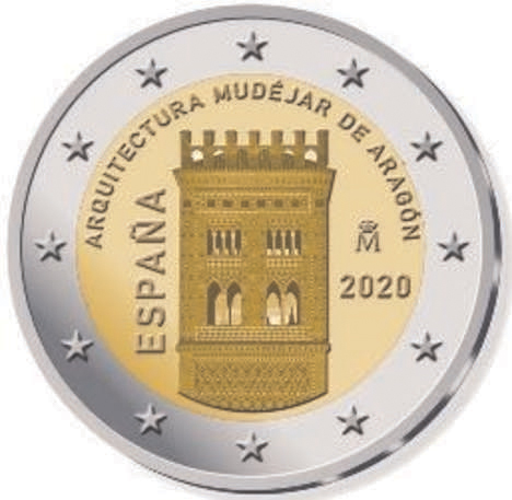 2 Euro Sondermünze aus Spanien aus 2020 mit dem Motiv Aragón und seine Mudéjar-Architektur