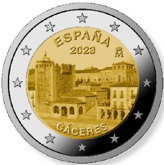 2 Euro Sondermünze aus Spanien aus 2023 mit dem Motiv UNESCO: Altstadt von Cáceres